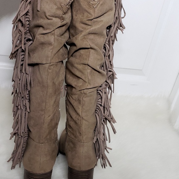 Madden Boho Chic Taupe Round Toe Fringe Knee Boots - Picture 9 of 9